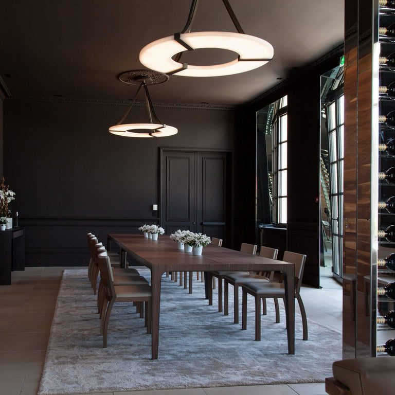 Alabaster Halo Pendant Light – Black & White LED Chandelier by Dalmivik, product or room detail view
