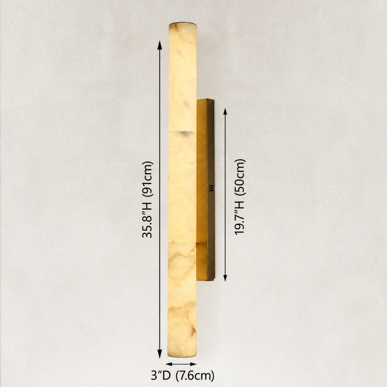 Alabaster wall-sconce dimension drawing with brass-tone backplate.