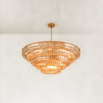 Illuminated amber glass chandelier viewed from below.