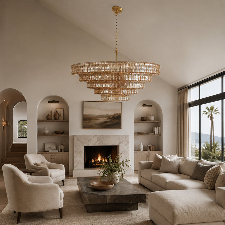Amber tiered-glass chandelier in an wide-window living room.