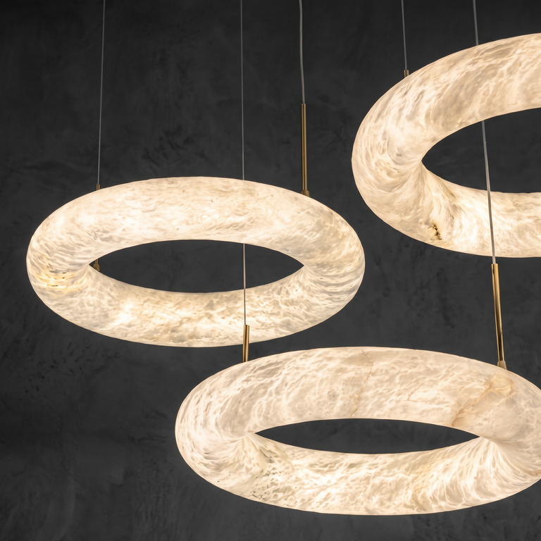 Anello Modern Alabaster Round Ring Chandelier by Dalmivik, complete fixture view