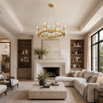 Antler ring in living room with dark shelves