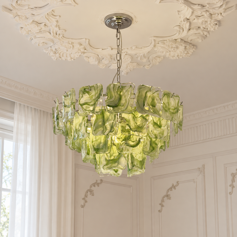 Aureate Cascade Murano-Style Glass Tile Chandelier, complete fixture