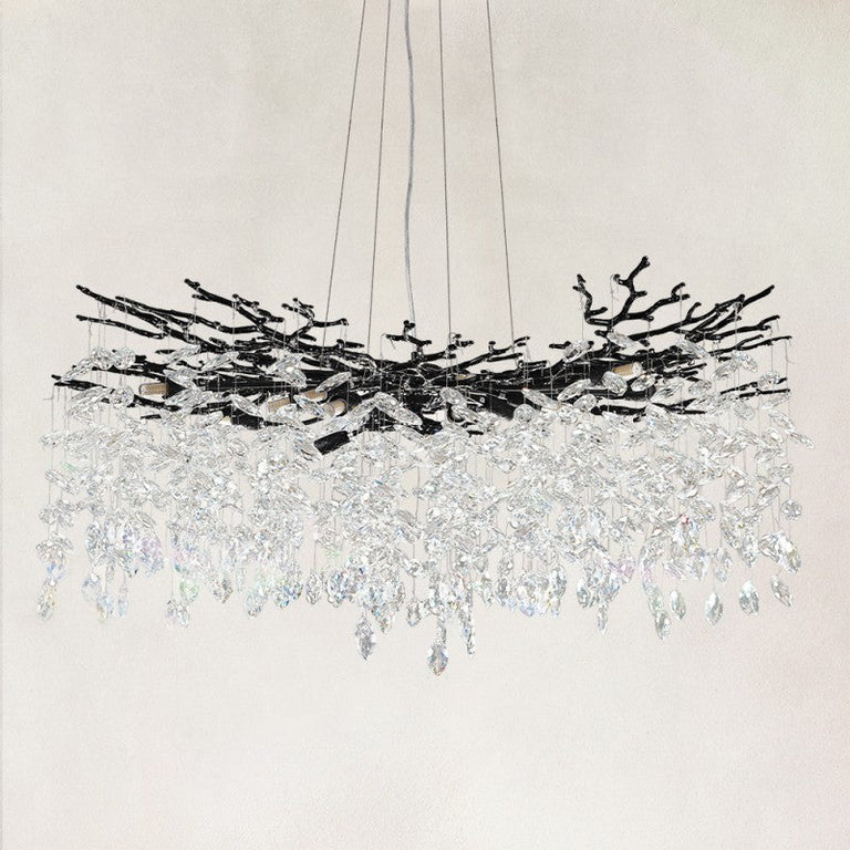 Black-finish round crystal branch chandelier