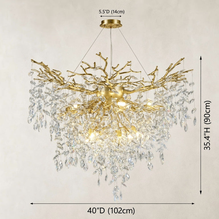 Gold-tone deep crystal branch chandelier 40 in dimension diagram