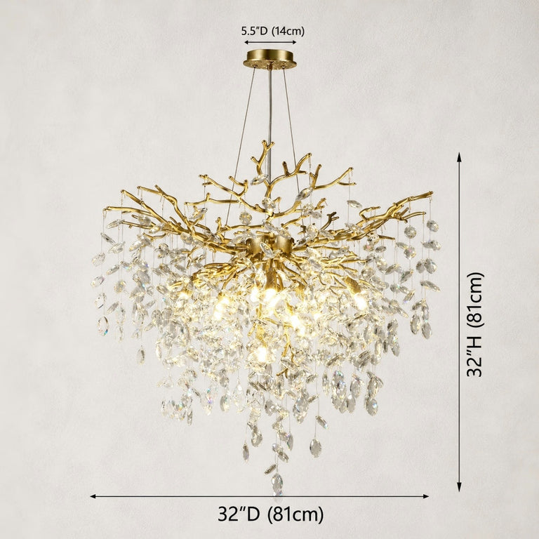 brass-tone deep crystal-branch chandelier dimension diagram.
