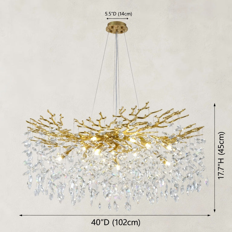 Brass-tone round crystal-branch chandelier dimension diagram.