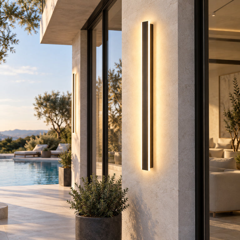 Long black wall sconce poolside entry scene