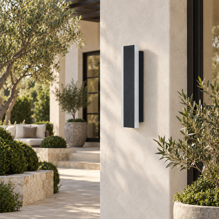 Black slim wall sconce exterior daytime scene