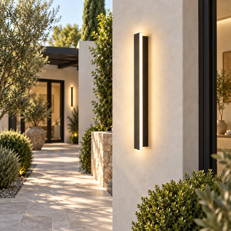 Black linear sconce garden entrance scene