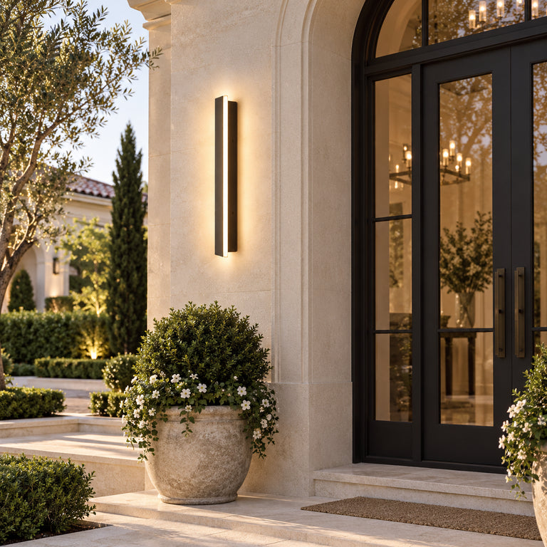 Black linear sconce beside arched doorway