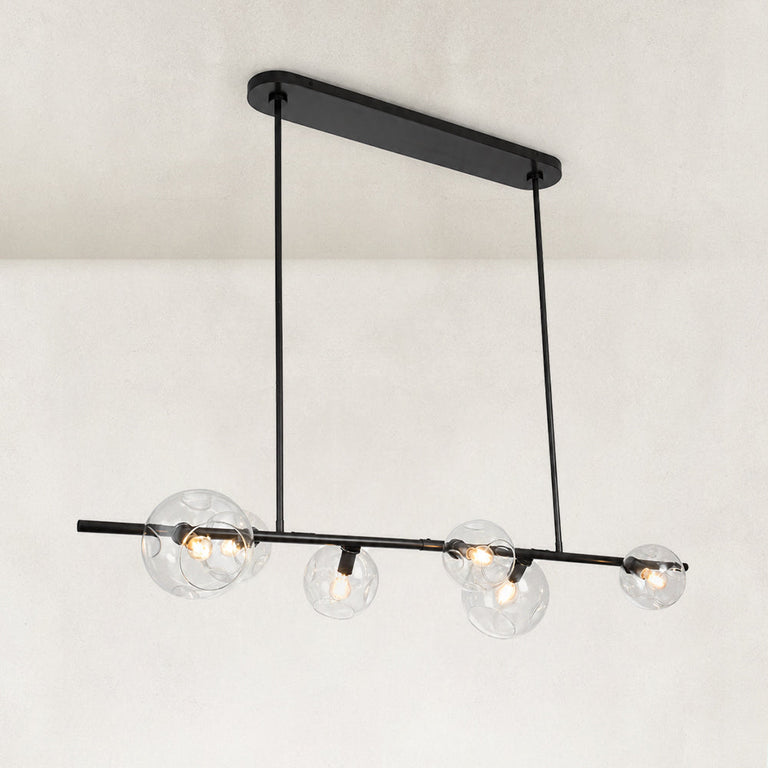 Black bubble glass linear chandelier complete fixture angled view