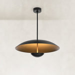 Black disc pendant illuminated against a neutral background