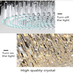 Crystal rod detail comparing the chandelier with its light off and on.