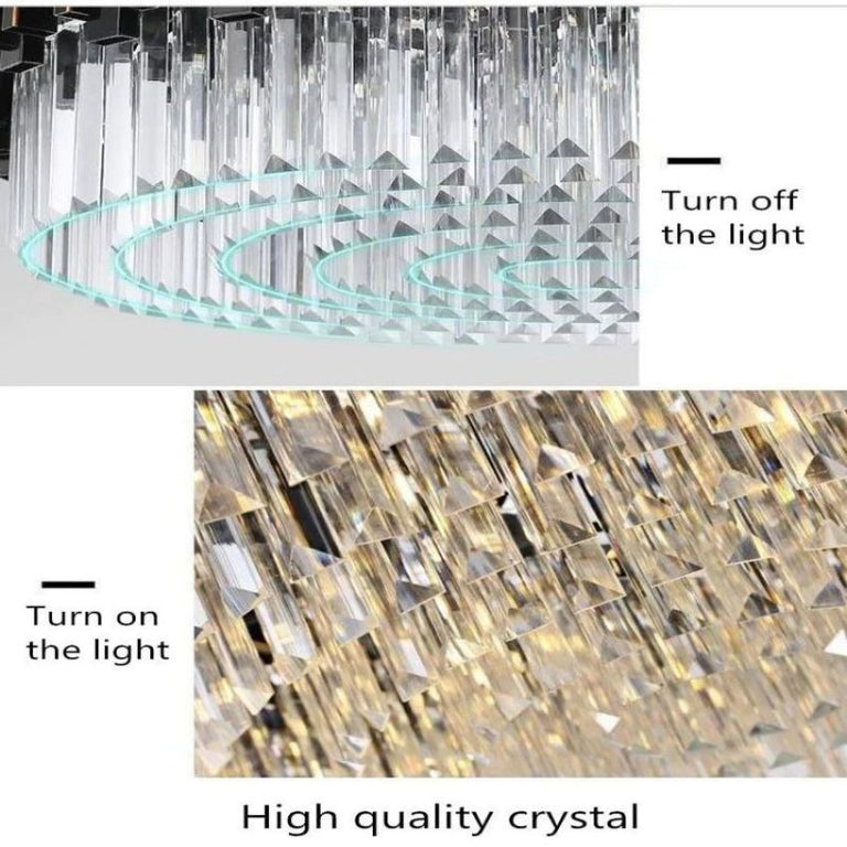 Crystal rod detail comparing the chandelier with its light off and on.