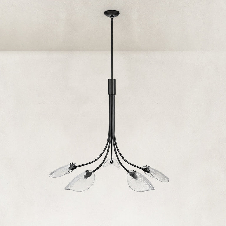 Black five-light leaf glass chandelier complete fixture alternate view