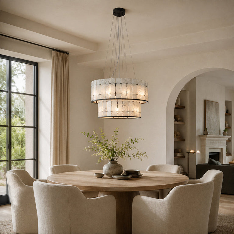 Black Frame Two-Tier Marble Chandelier 23.6" installed above a dining table