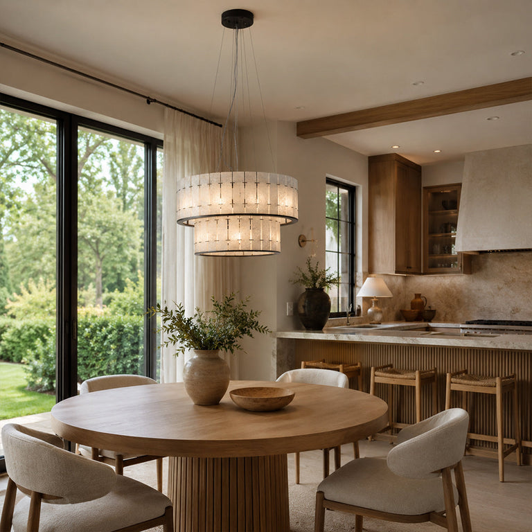 Black Frame Two-Tier Marble Chandelier 23.6" installed above a dining table