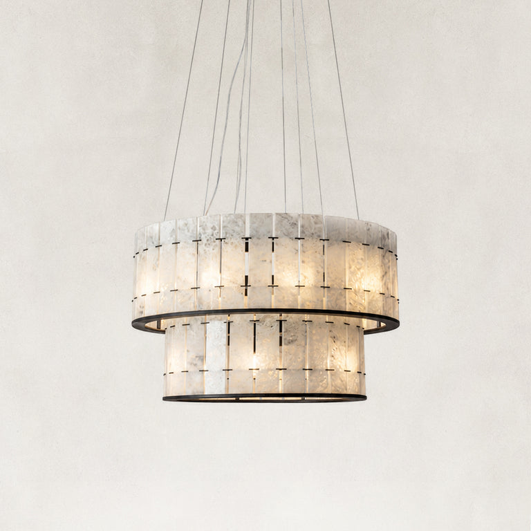 Product detail of Black Frame Two-Tier Marble Chandelier 23.6" against a neutral background
