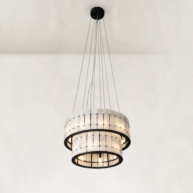 Product detail of Black Frame Two-Tier Marble Chandelier 23.6" against a neutral background