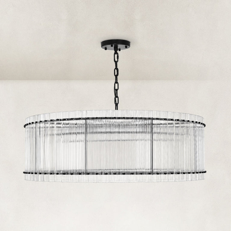 Black glass rod drum chandelier complete fixture shown unlit against a light background