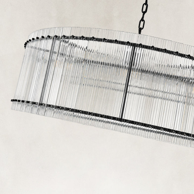 Black glass rod drum chandelier viewed from below at an angle