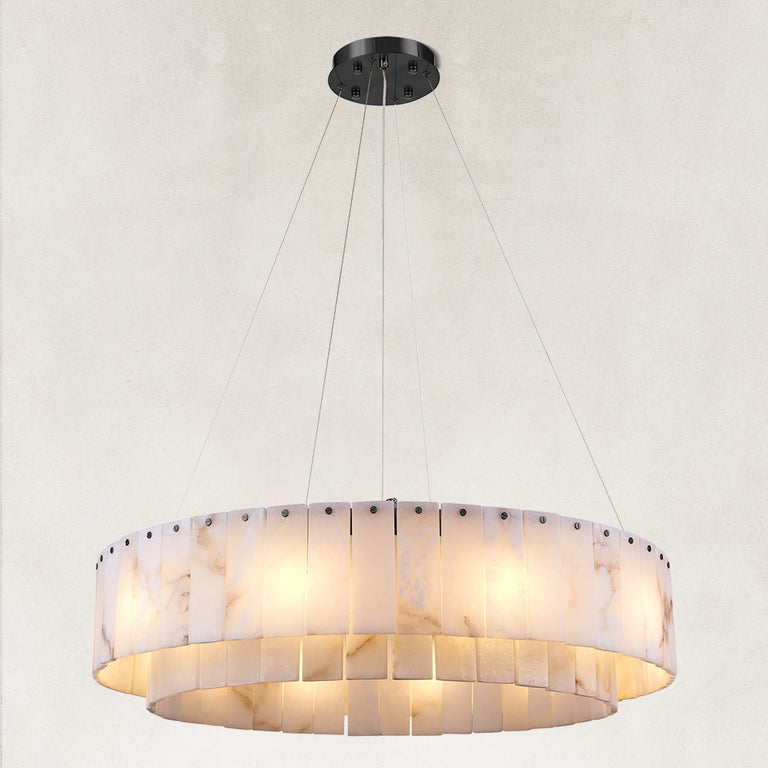 Illuminated black-hardware alabaster ring chandelier with its canopy.