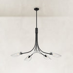 Black leaf glass chandelier complete fixture illuminated against a neutral background