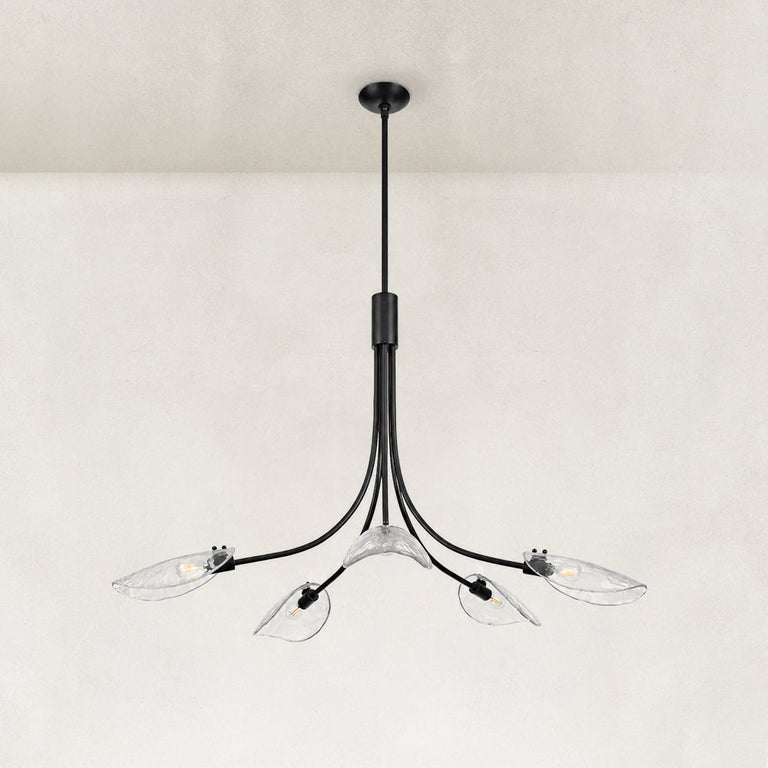 Black leaf glass chandelier complete fixture illuminated against a neutral background