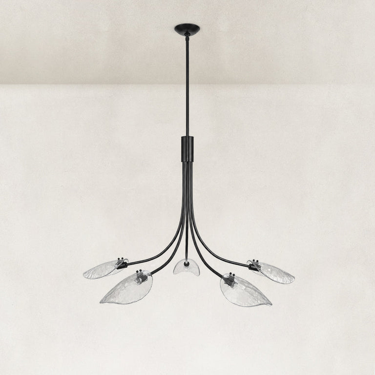 Black leaf glass chandelier complete fixture shown unlit against a neutral background