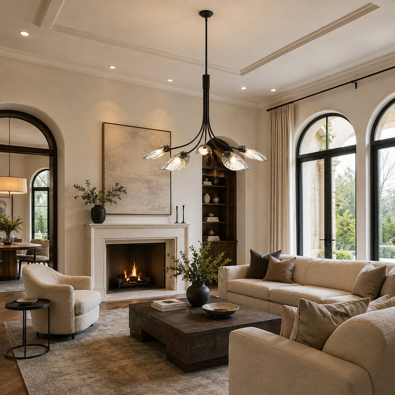 Black leaf glass chandelier in a living room with a fireplace