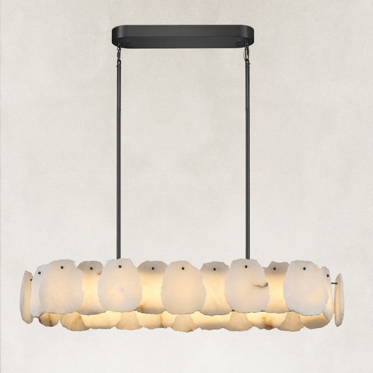 Black oval petal chandelier illuminated complete fixture view with canopy
