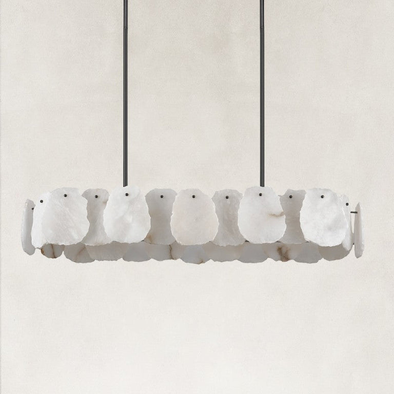 Black oval petal chandelier unlit complete fixture view