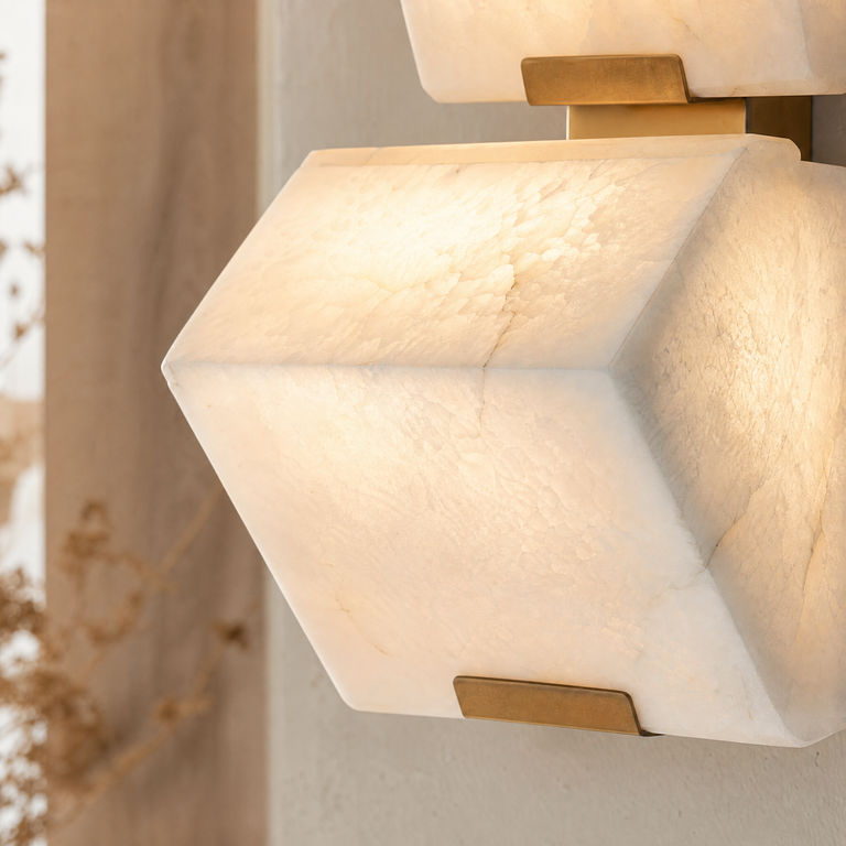 Blocco Alabaster Wall Sconce by Dalmivik, stone and metal close view