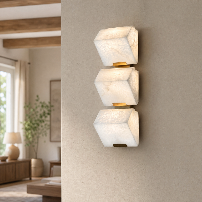 Blocco Alabaster Wall Sconce by Dalmivik, furnished room or product detail view