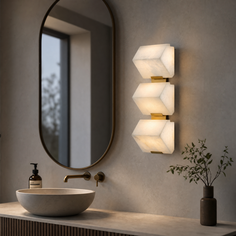 Blocco Alabaster Wall Sconce by Dalmivik, furnished room or product detail view