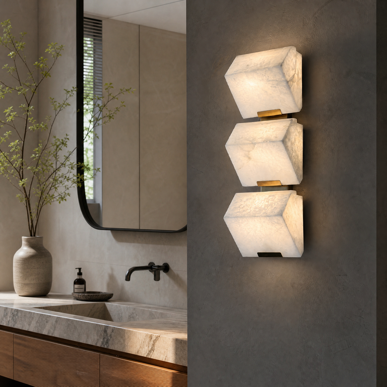 Blocco Alabaster Wall Sconce by Dalmivik, furnished room or product detail view