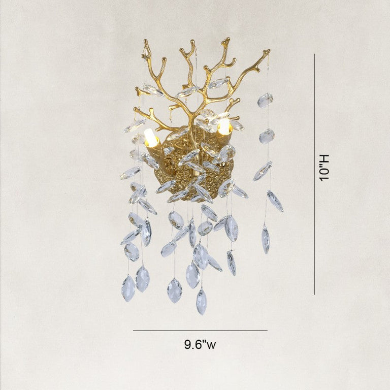 Branch crystal wall sconce dimension diagram showing 9.6 inches wide and 10 inches high