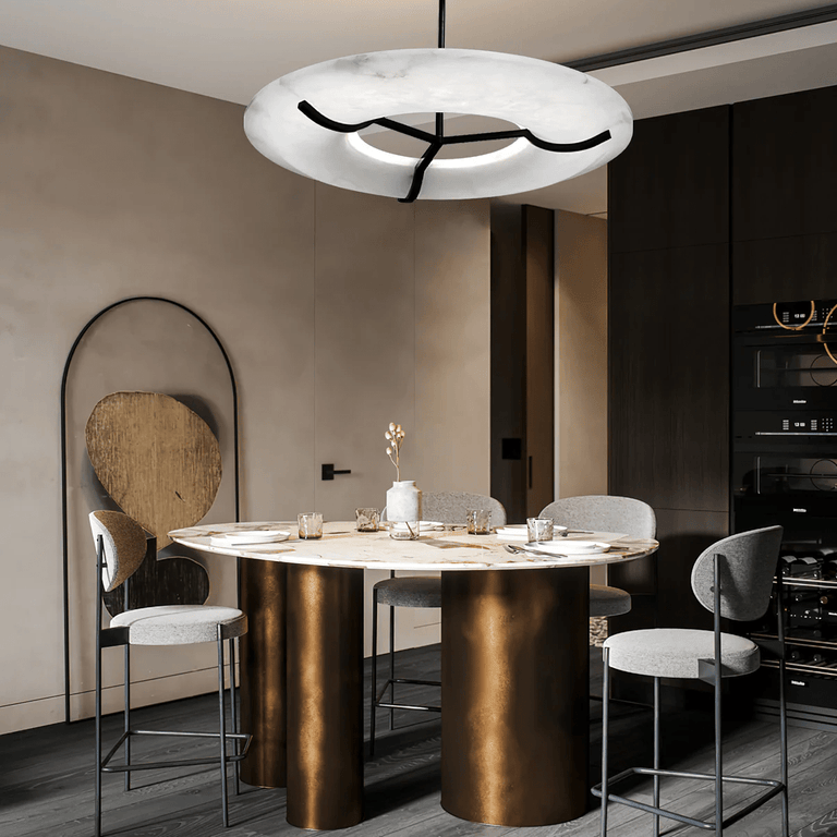 Carve Alabaster Pendant Light – Hand‑Carved Stone Shade with Black Frame by Dalmivik, complete fixture view