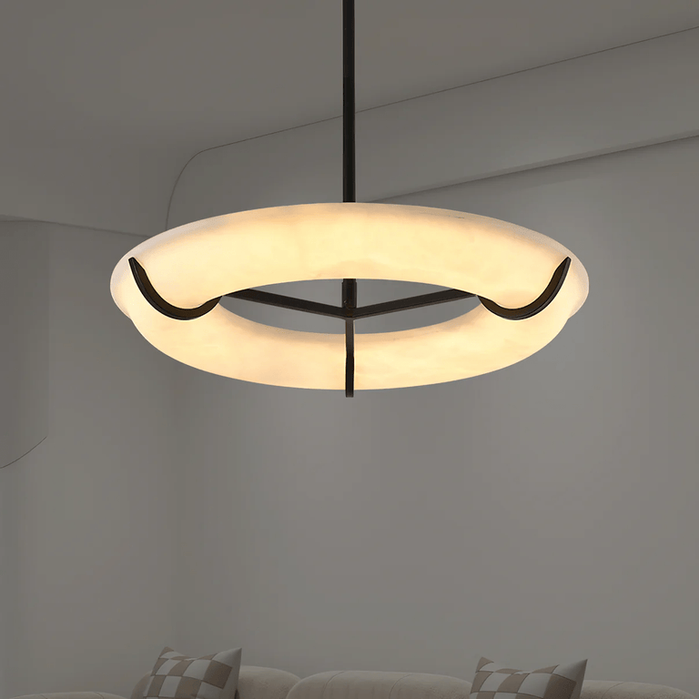 Carve Alabaster Pendant Light – Hand‑Carved Stone Shade with Black Frame by Dalmivik, product or room detail view