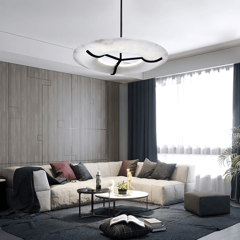 Carve Alabaster Pendant Light – Hand‑Carved Stone Shade with Black Frame by Dalmivik, product or room detail view