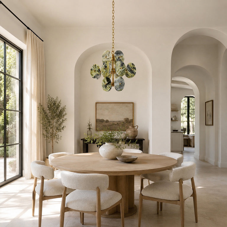 Cascading Marble Disc Chandelier 22.8" installed above a dining table