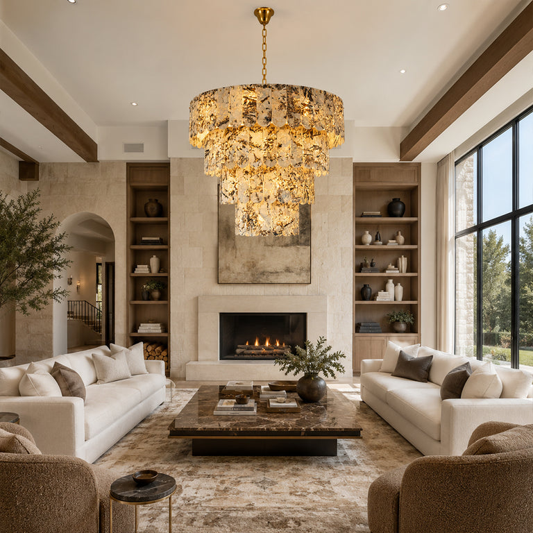 Cascading Marble Panel Chandelier 33.5" displayed in a furnished living room