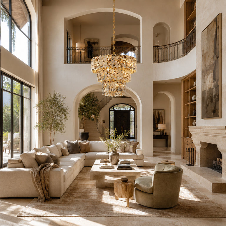 Cascading Marble Panel Chandelier 33.5" displayed in a furnished living room