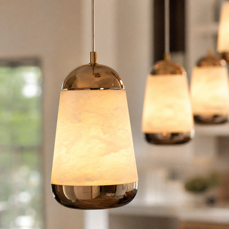 Cascata Alabaster Linear Chandelier 47.2" by Dalmivik, stone and metal close view
