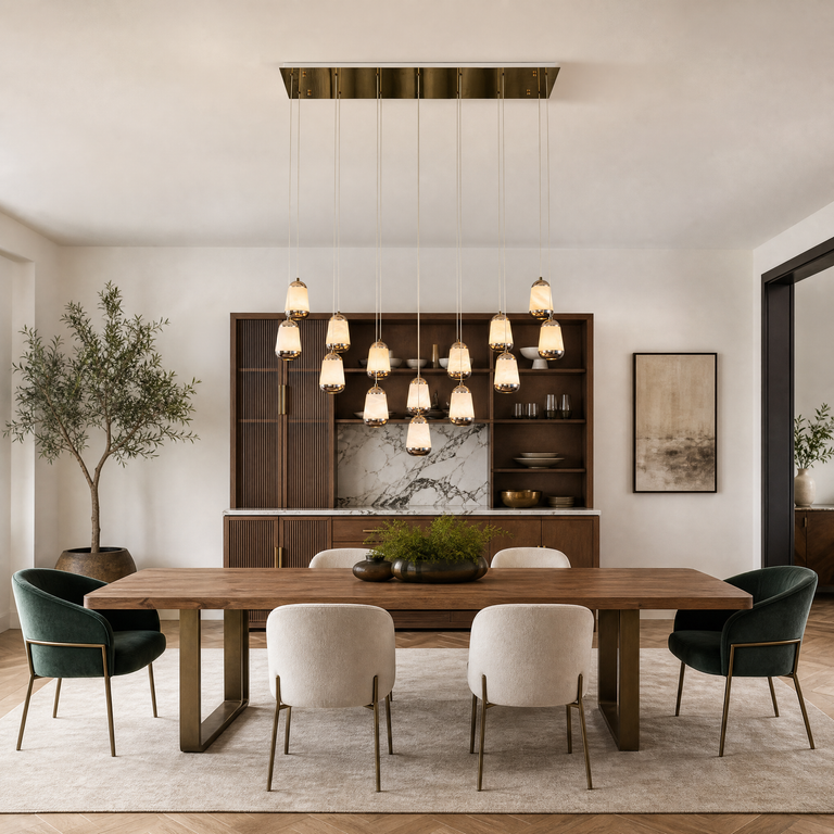 Cascata Alabaster Linear Chandelier 47.2" by Dalmivik, furnished room or product detail view