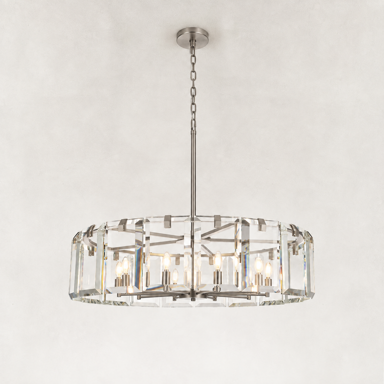Chrome-finish crystal drum chandelier, complete fixture