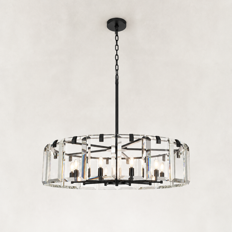 Matte Black-finish crystal drum chandelier, complete fixture