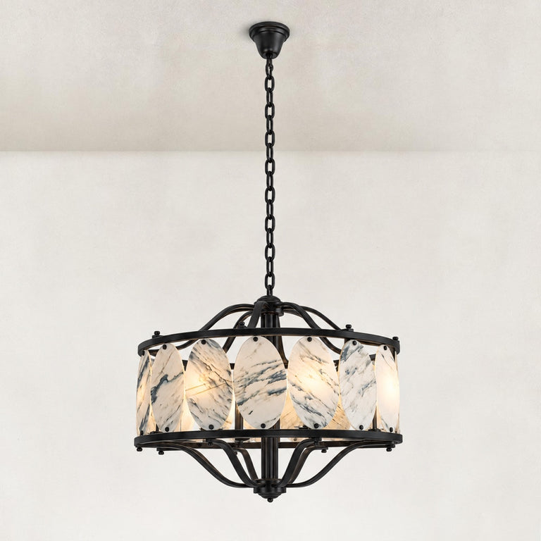 Chrome Oval Marble Cage Chandelier 23.6" in Black metal finish, shown as a complete fixture