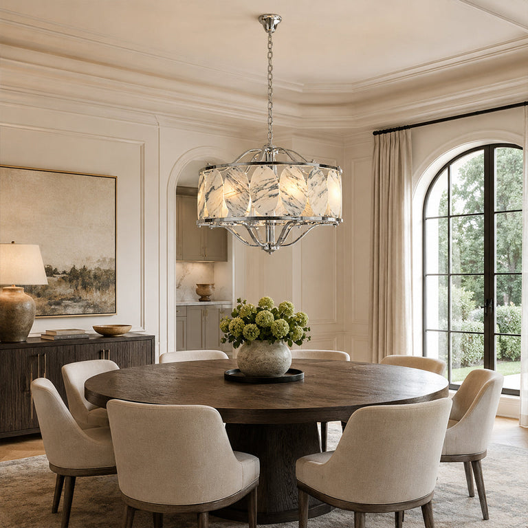 Chrome Oval Marble Cage Chandelier 23.6" installed above a dining table